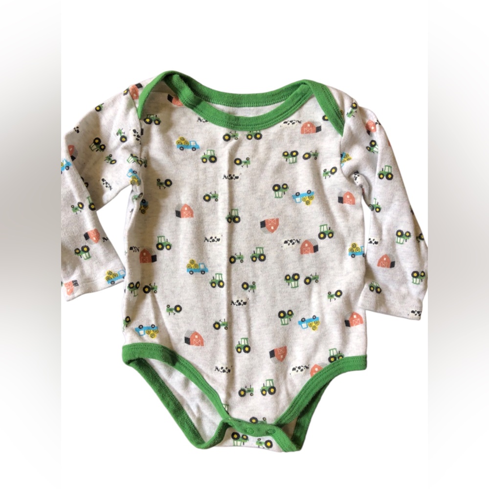 4/$20 John Deere Long Sleeve Grey & Green Farm Tractor Onesie Sz 9-12 Mo